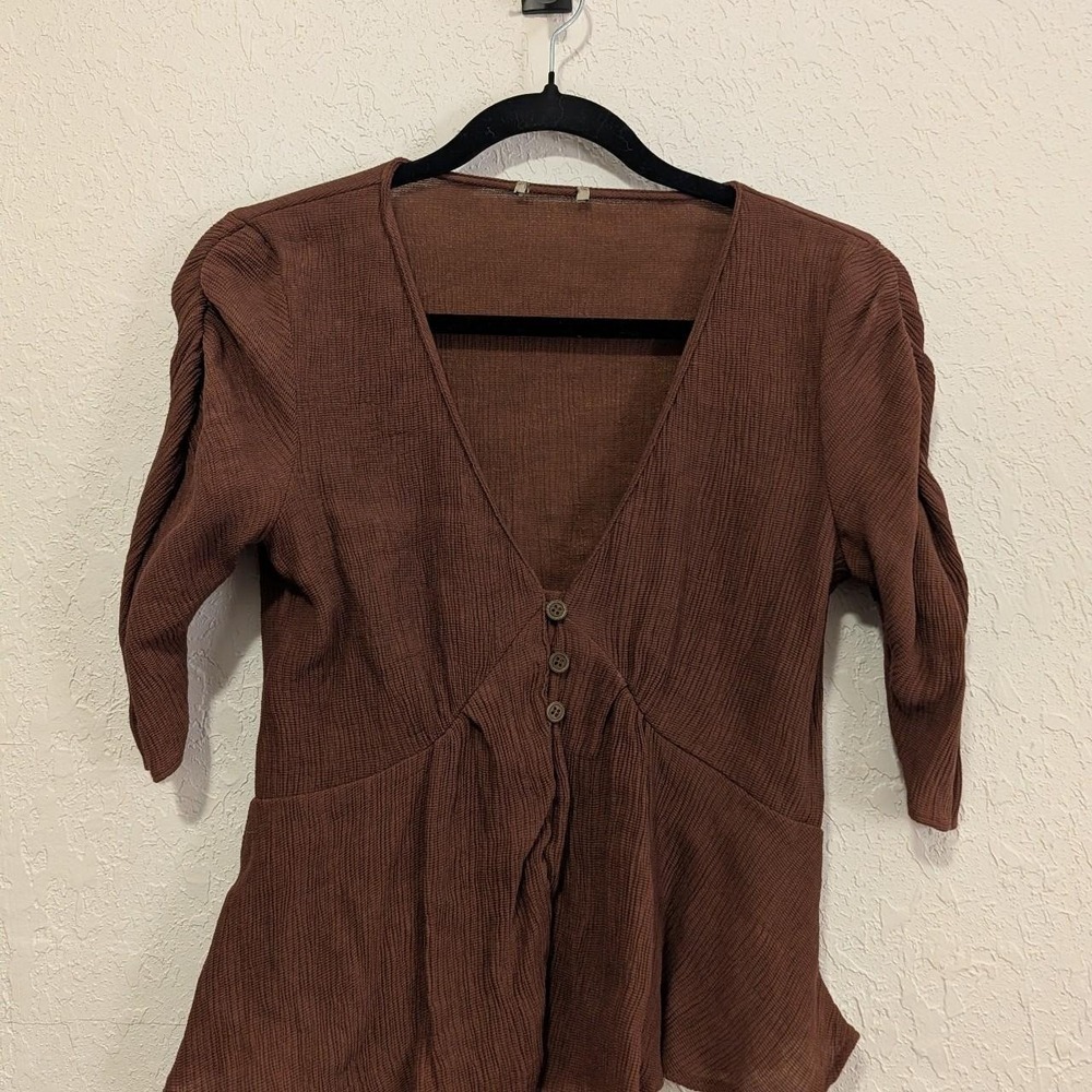 Womens Unbranded Brown Peasant Top S-M Excellent Ruffle V-Neck 3/4 Sleeve Boho